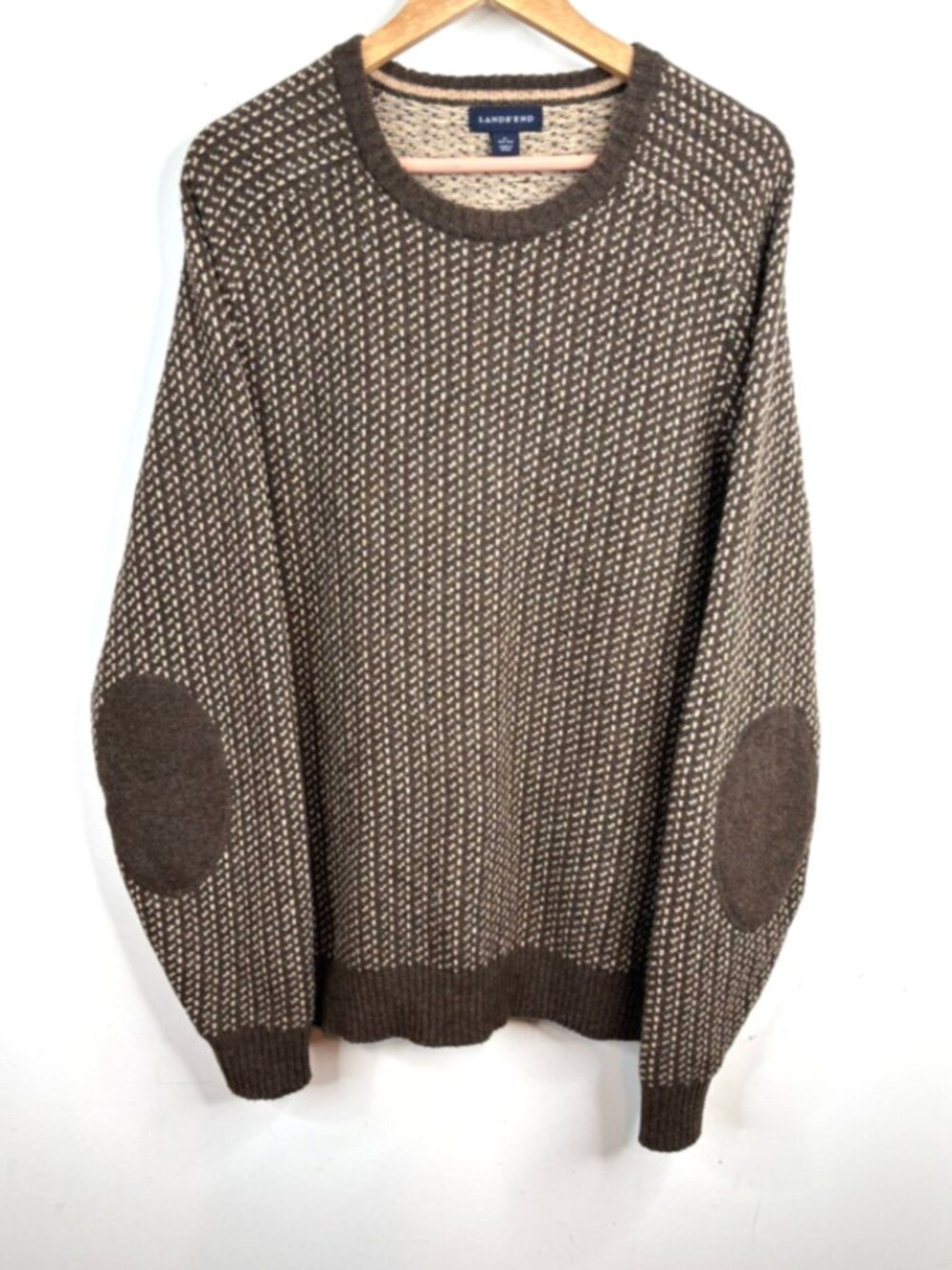 Lands End Merino Wool Birdseye Sweater Mens L 42-44 Elbow Patches Brown Crewneck